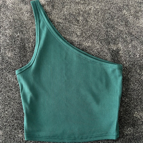 green one shoulder ribbed tank top - Picture 2 of 3